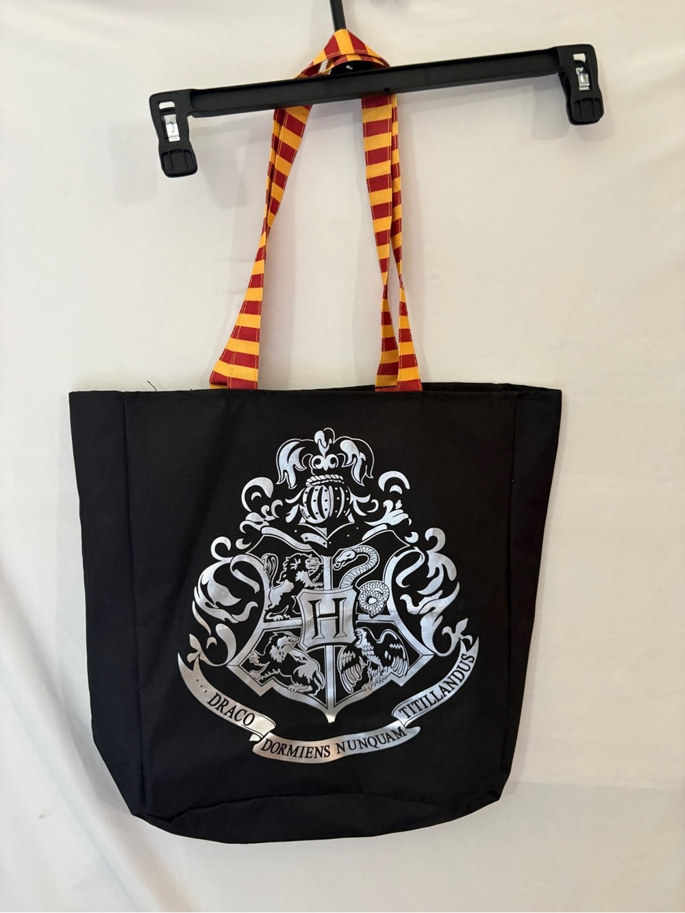 Black Hogwarts Crest Tote Bag with Red and Yellow Striped Handles